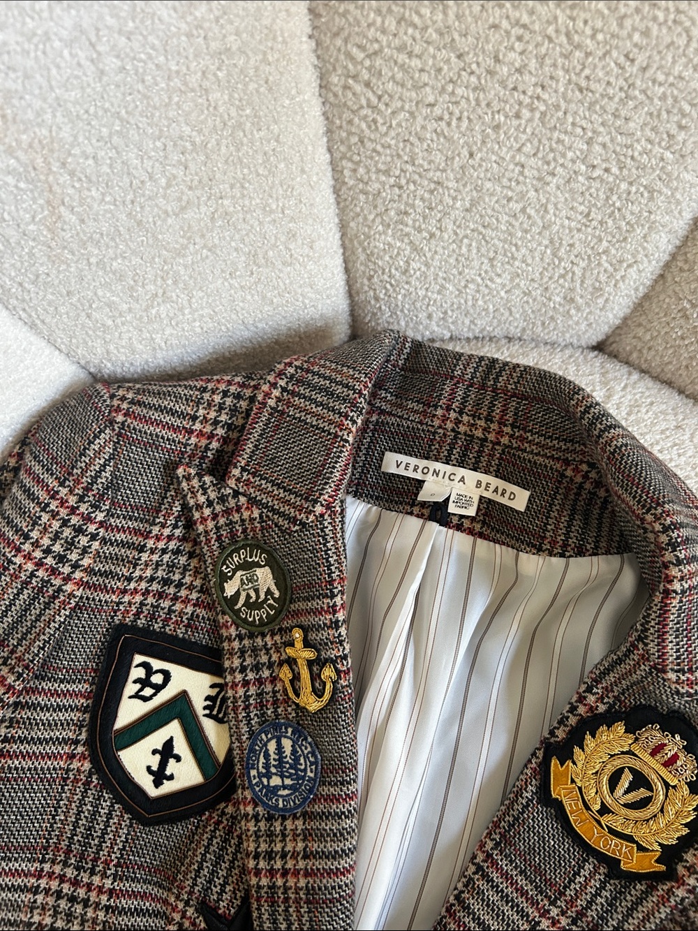 Veronica Beard Plaid Patchwork Blazer with Embroidered Crest Patches - Picture 2 of 4